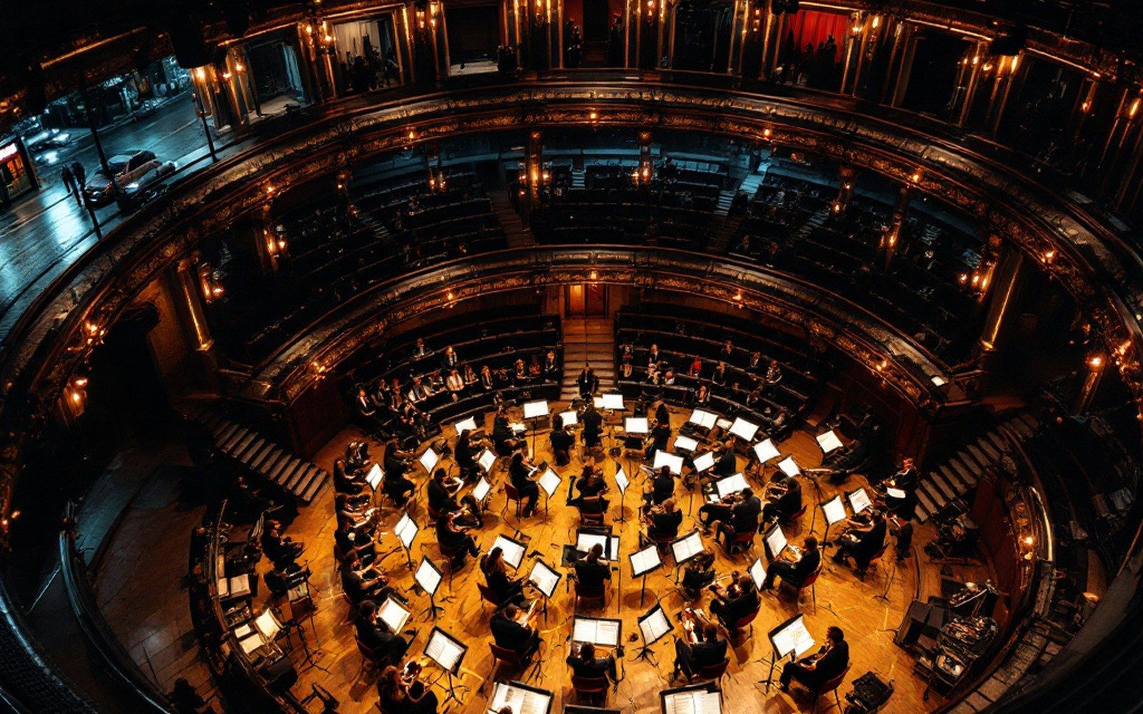 An orchestra pit photographed from above, music open on the stands and players in place