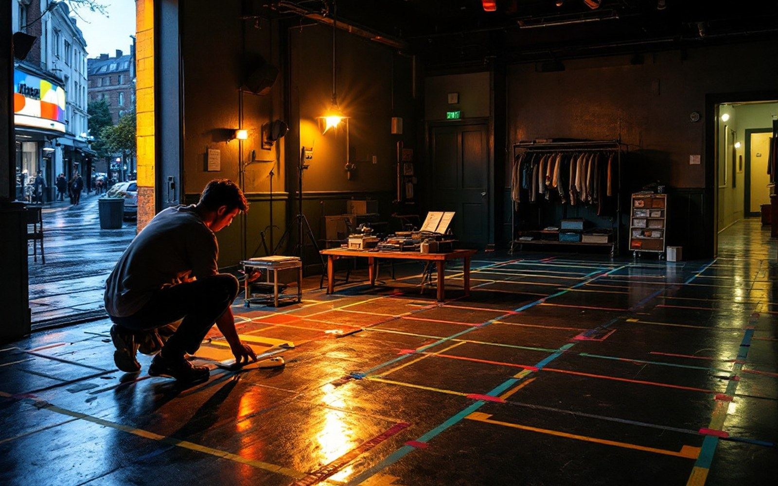 Tape marks, rehearsal room floor