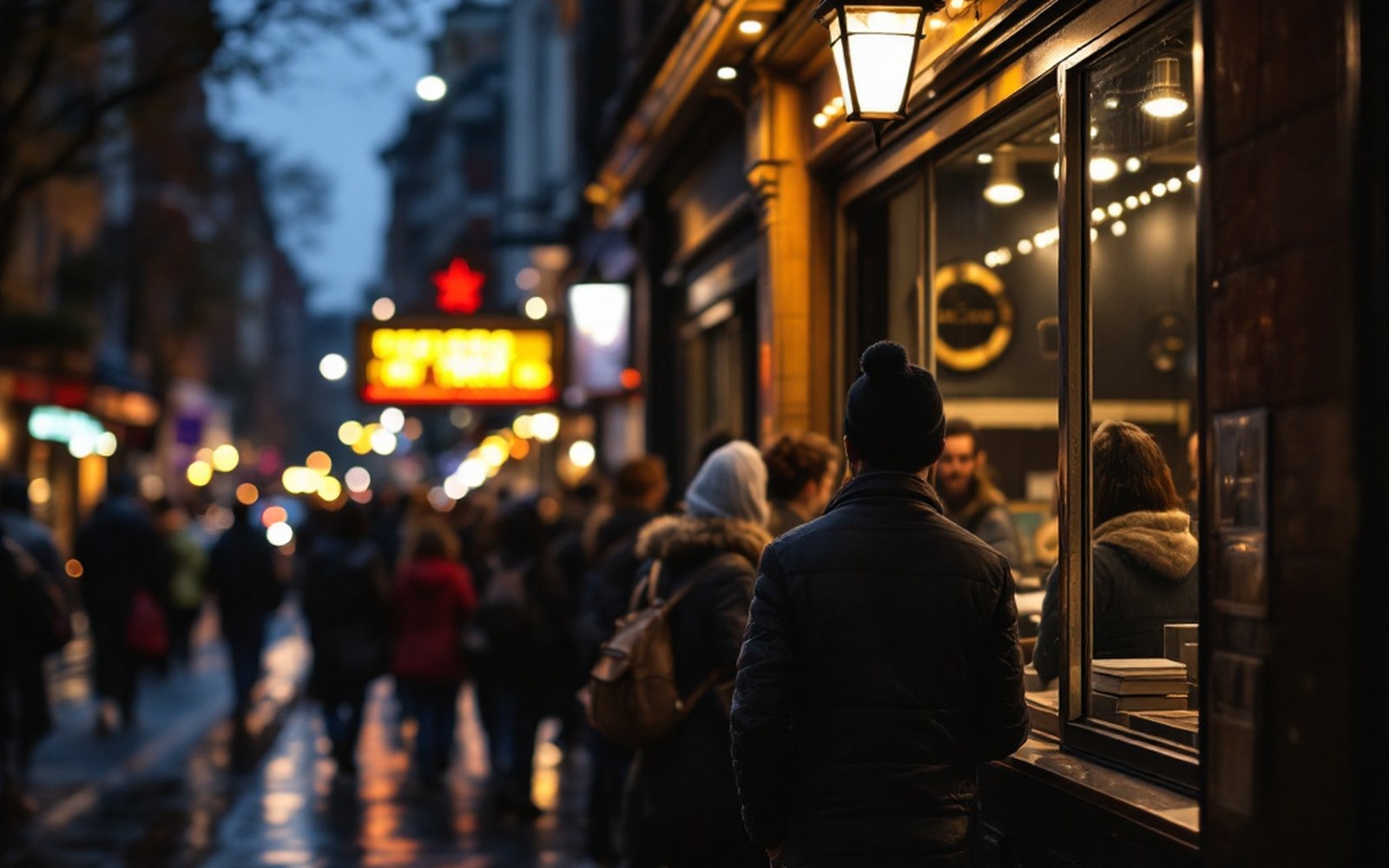 A queue outside a lit theatre box office on a wet evening