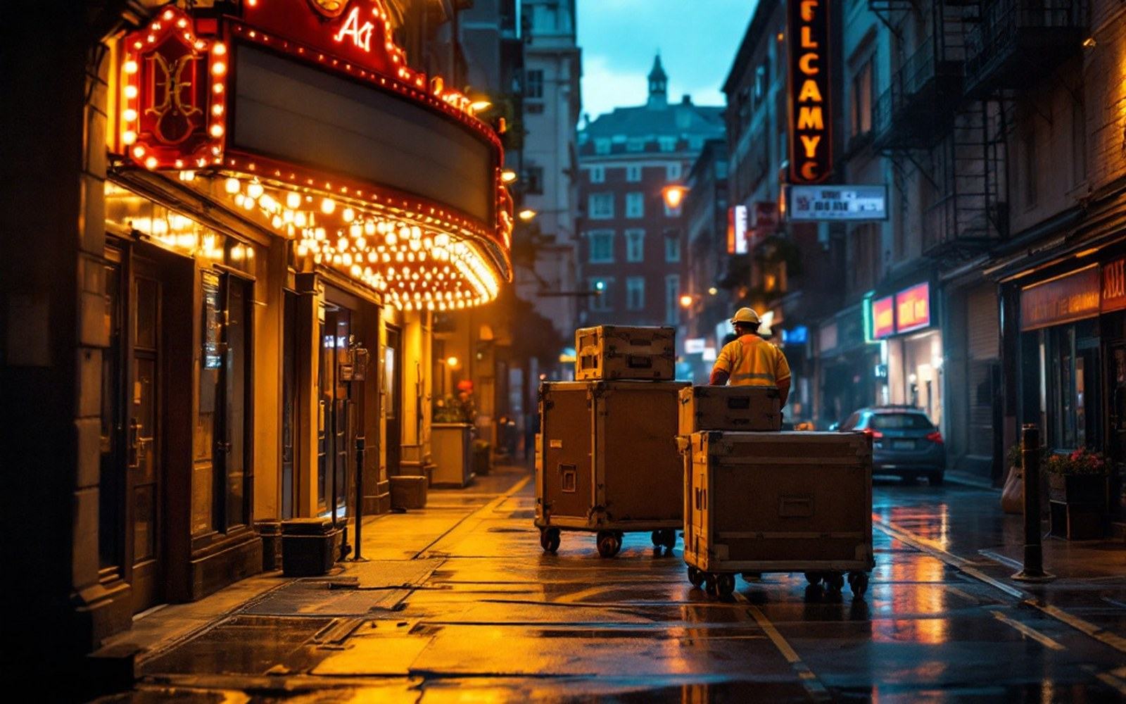 Flight cases at a stage door